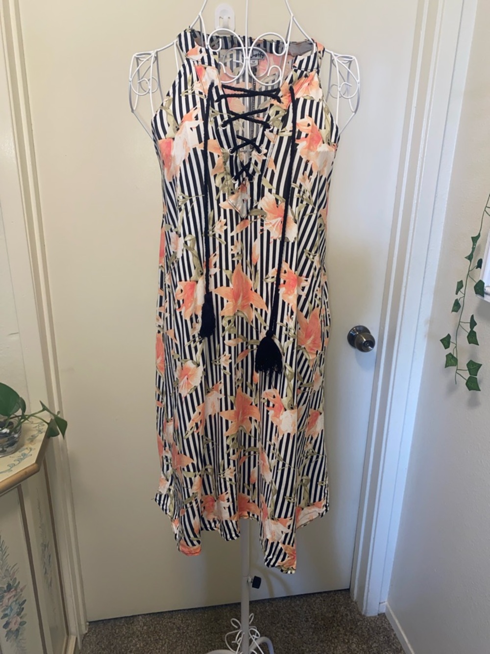 JustFab Black & White Striped Mini Dress with Peach Floral Print